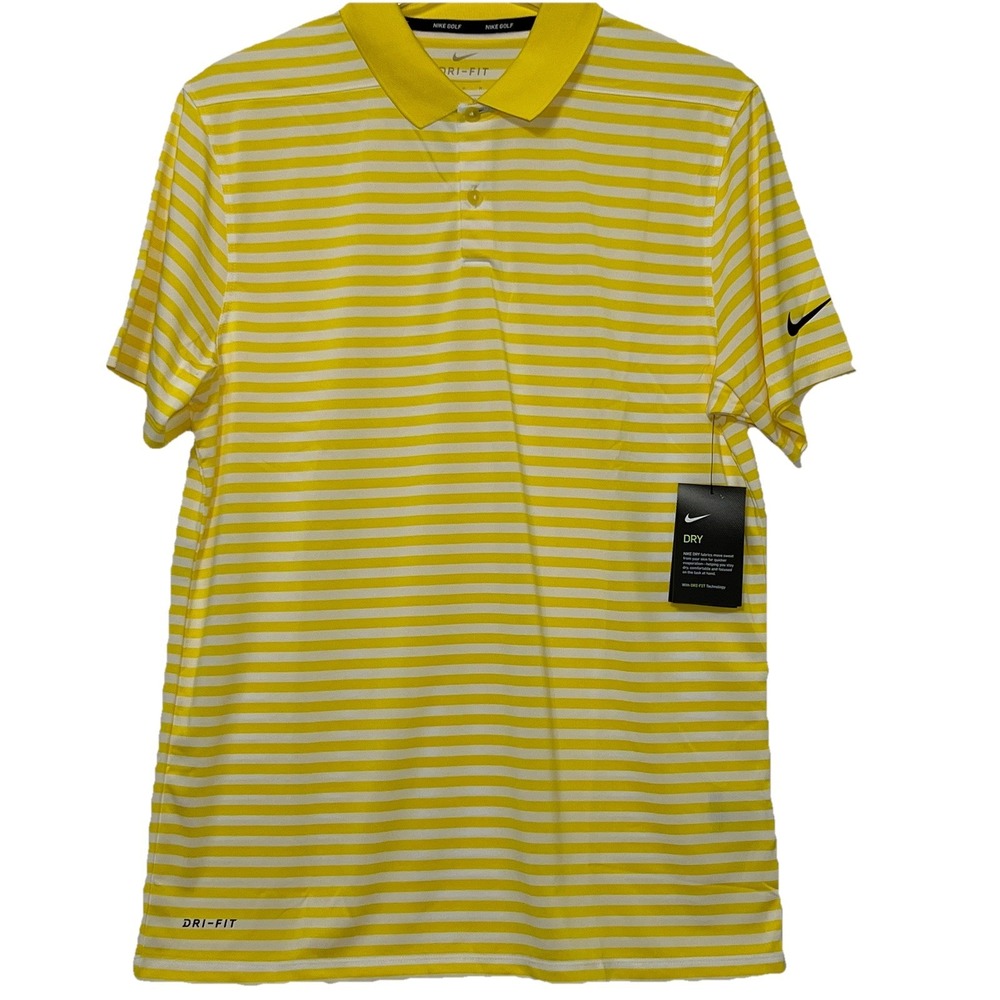 Nike Golf Dri-Fit Men Medium Polo Shirt Yellow Stripe Short Sleeve 891853-765